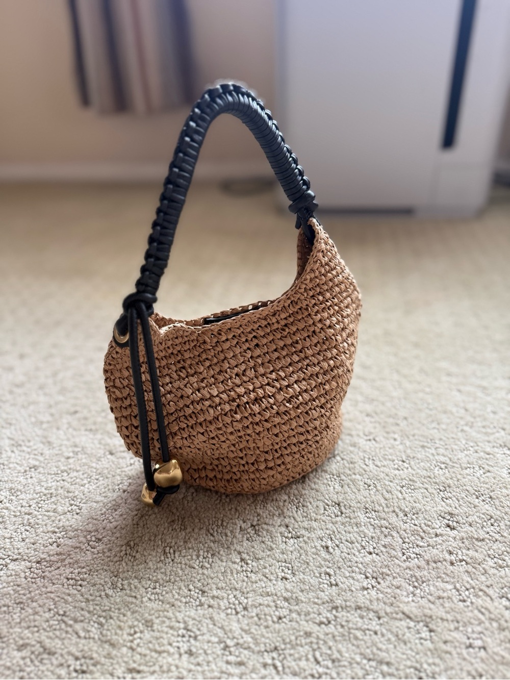 Madewell Woven Straw Hobo Bag with Black Wrapped Handle - Natural